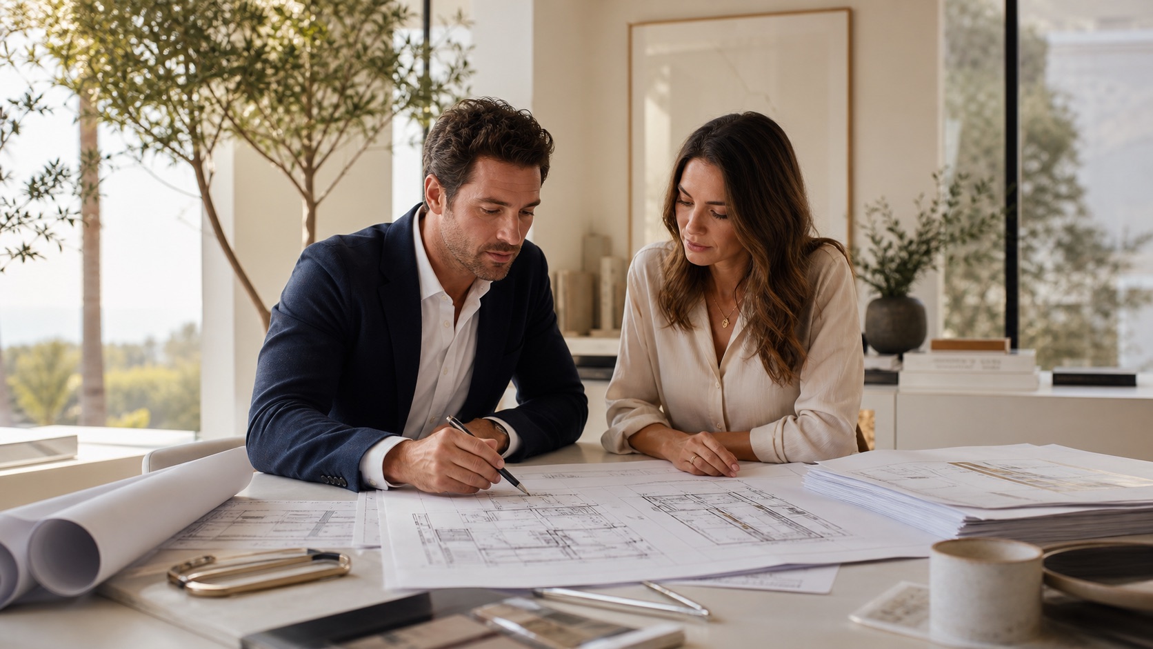 Consultant and client reviewing architectural plans together in a bright professional office